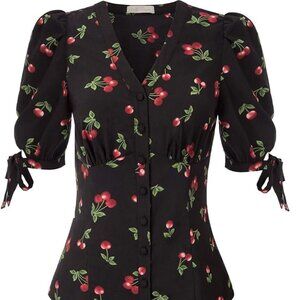 NWT BELLE POQUE retro cherries blouse top shirt with puff sleeves & bow accent S